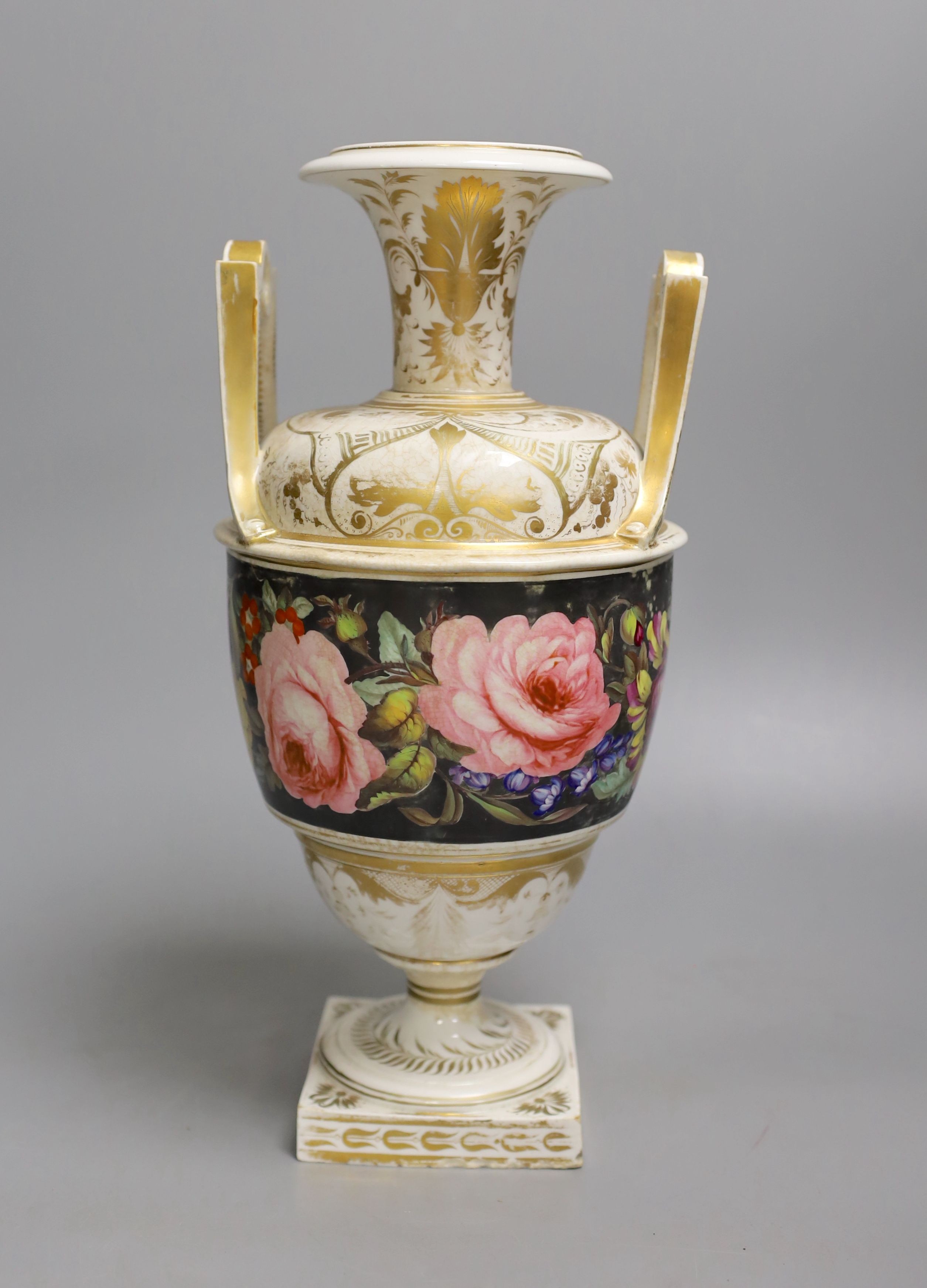 A Derby vase painted with flowers on a dark grey ground, painted by William 'Quaker' Pegg, red mark c.1820, 31.5cm high